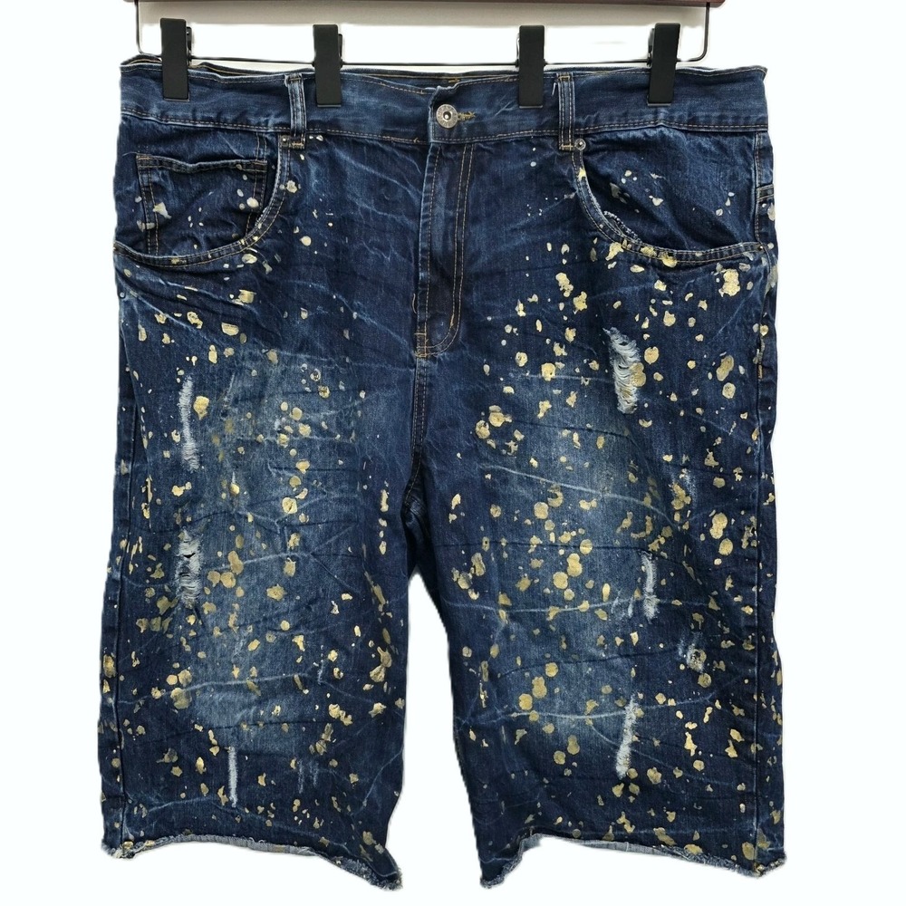 Mens 44 Gold Splatter Denim Shorts Distressed Dark Wash Grunge Streetwear‎ Style